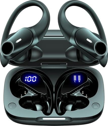 GOLREX Noise Cancelling Ear Buds Wireless Earbuds Bluetooth Headphones with 80H Playtime, Dual LED Display, Wireless Charging Case, Over-Ear Hooks Earphones for Sports Running Gym Workout Black