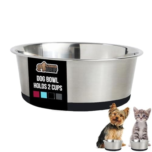 GORILLA GRIP Dog Bowls, Holds 2 Cups Each (16 fl oz), Heavy Duty Stainless Steel Food and Water Bowl for Feeding Dogs and Cats, Dishwasher Safe, Rust Resistant, BPA Free Rubber Base, Set of 2 Black