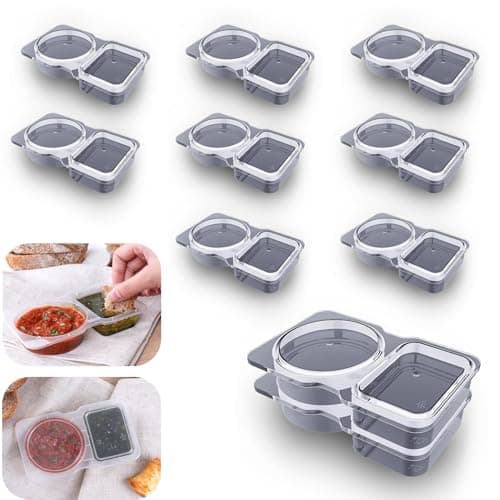 VOUKEN 10Pcs Double Compartment Condiment Container with Lid Double Compartment Snack Containers Double Compartment Snack Containers for to-go Sauce, Sampling, Travel Snack (Transparent 10PCS)