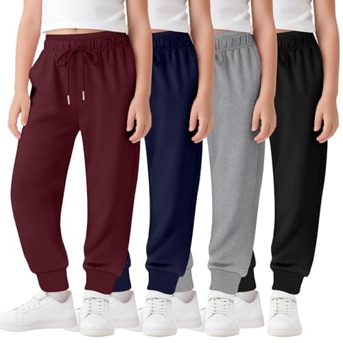 LessonZoo 4 Pack Girls Joggers Lounge Sweatpants Drawstring Baggy Lightweight Kids Double Waisted Athletic Pants with Pockets(Black, Gray, Navy Blue, Burgundy,7-8 Years)