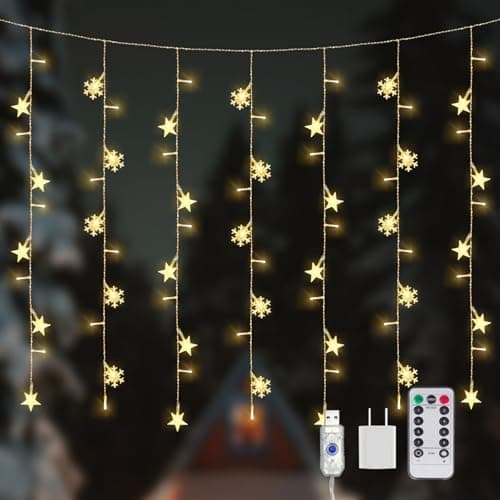 Newhale 8 Modes Christmas Curtain String Lights with Snowflake and Star, USB Plug in Wall Lights Christmas Decorations Indoor, Xmas Window Light Decor, Warm White