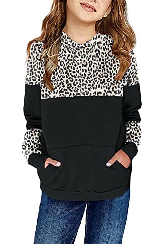 Haloumoning Kids Girls Fleece Pullover Hoodies Cute Leopard Printed Hooded Sweatshirts with Pockets 4-15 Years