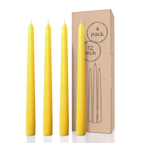 CANDWAX 12 inch Taper Candles Set of 4 - Dripless and Smokeless Candle Unscented - Slow Burning Candle Sticks - Yellow Candle Taper