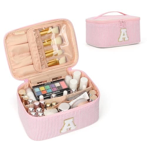 OCHEAL Makeup Bag for Women, Monogram Cosmetic Bag with Brush Holder, Pink Travel Makeup Case Beauty Toiletry Bag Organizer Personalized Gifts for Girls Bridesmaid, Sister, Wife, Friends Initial A