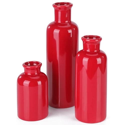 Small Ceramic Vase Set of 3, Boho Modern Flower Vase Room Decor, Farmhouse Decor, Vases for Your Kitchen, Bathroom, Bedroom, Living Room, Office&Shelf Centerpiece Table Decorations, Red