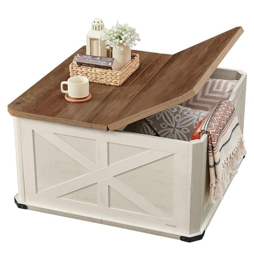 VASAGLE LIRY Collection - Farmhouse Coffee Table with Storage, Square Center Coffee Table for Living Room, with Hidden Compartment, Flip-Top Lids, Honey Brown and Rustic White ULCT232W73