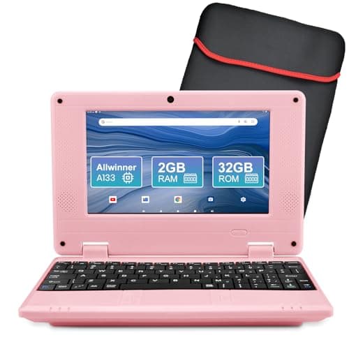 Fwmntu 7" Portable Small Laptop, Android 12.0 OS with 2GB RAM 32GB ROM,Processor A133P Type-C 5V 2A Mini Laptop Notebook for Kids (Pink)