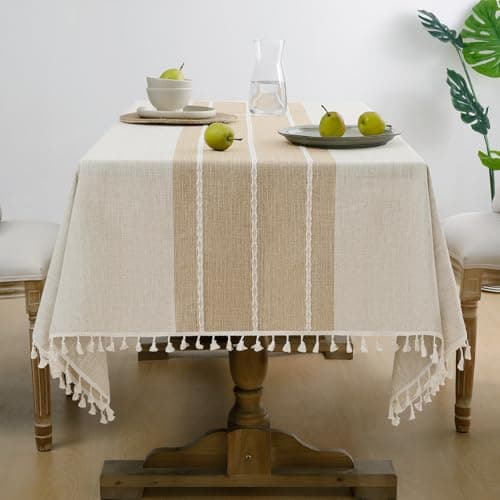Softalker 90% polyester10 % cotton Rectangle,Outdoor Waterproof Burlap Cotton Farmhouse Table Cloth with Tassel,Heavy Weight Wrinkle Free Table Cover for Dining,Party,Rustic 55 x 70 Inch, Coffee Lines