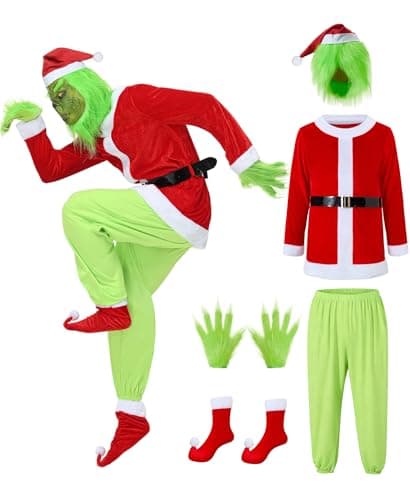 IEEILULU Green Monster Costume Adult 7PCS Set Santa Claus Outfit Furry Suit Christmas Party Cosplay (M)