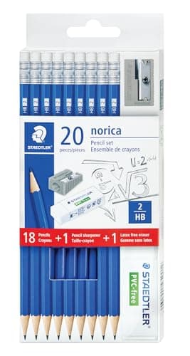 STAEDTLER Norica Pencil Set: 18 Pre-sharpened #2 HB Pencils with 1 Eraser & 1 Sharpener, Break-Resistant Lead