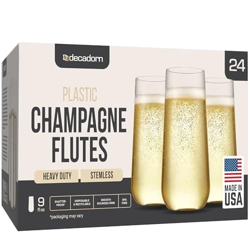 DECADORN Plastic Champagne Flutes Disposable 24 Pack - 9oz Plastic Champagne Glasses - Clear Stemless Champagne Flutes Plastic - Mimosa Glasses Plastic - Disposable Champagne Flutes For Parties