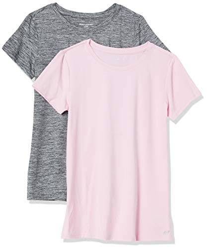 Amazon Essentials Women's Active Quick Dry Tech Stretch Workout Gym Short-Sleeve Crewneck T-Shirt, Pack of 2, Grey Space Dye/Light Pink, Medium