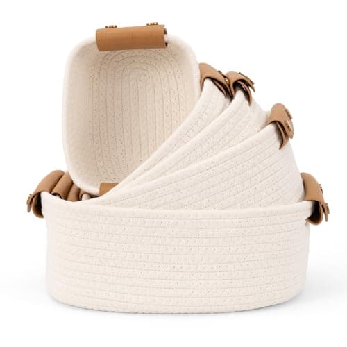 Beautiful Storage Basket Set of 5 - Sturdy Cotton Rope Baskets for Shelves Are Perfect for Organizing Your Home - Quality Storage Bins Easily Fit With Any Nursery or Bedroom Decor