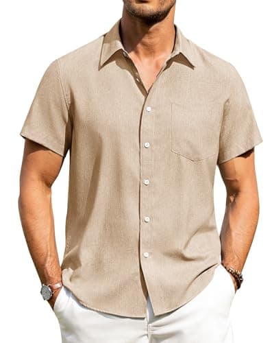 Alimens & Gentle Mens Linen Shirts Short Sleeve Button Down Shirts Wrinkle Free Casual Vacation Beach Summer Tops,Light Khaki,L
