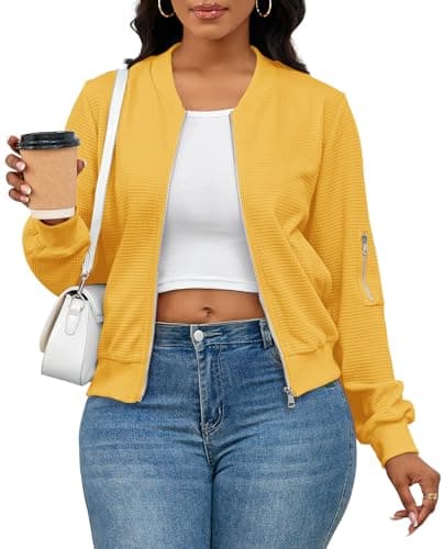 Womens Jackets Waffle Knit Trendy Long Sleeve Lightweight Casual Coat Full Zip up Fall Winter with Pockets Yellow X-Large