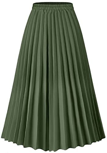 Basoteeuo Green Pleated Skirt for Women Midi Length Summer High Waisted A Line Elastic Waist Skirts S