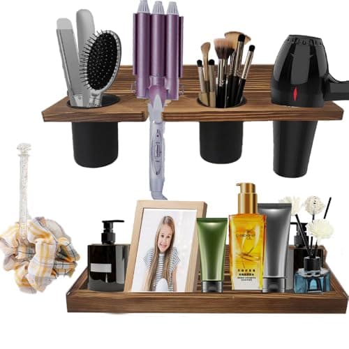 Ayxeute Wall-Mounted Hair Tool Organizer with Heat Resistance - Set of 2 Layer Rustic Blow Dryer Holder (Dark Brown)