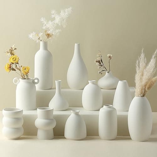 Parlamain Set of 12 White Ceramic Vase for Pampas Grass Flowers, Japandi Small Vases in Bulk for Wedding Centerpieces, Shelf and Table Decorations, Living Room and Bedroom Decor, DIY Gift