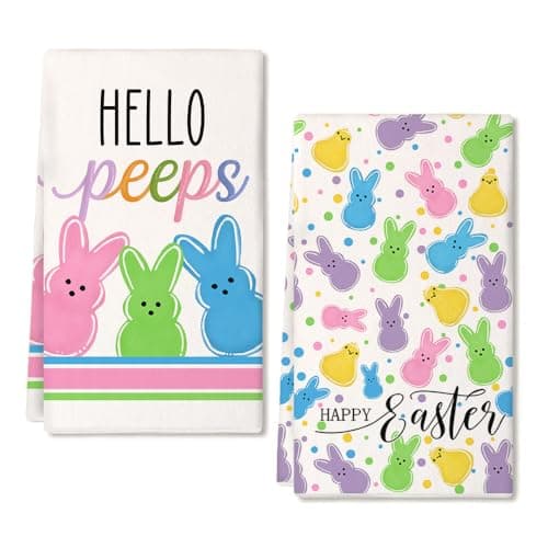 DineDia Colorful Bunny Happy Easter Kitchen Towels Set of 2,Hello Peeps Rabbits Dish Hand Towels Farmhouse Indoor Outdoor Holiday Seasonal Decorations DD079