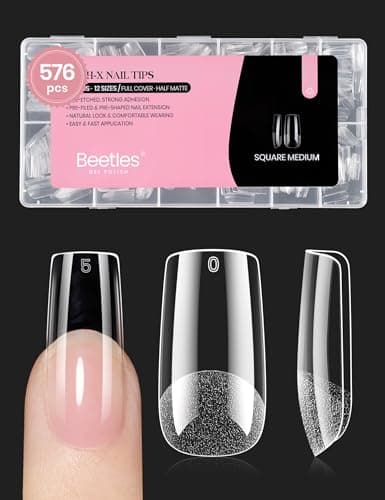 Beetles Nail Tips Medium Square 576Pcs 12 Sizes - Pre-Etched Soft Acrylic Nail Tips Half Matte False Nails Nail Art Full Cover Press Ons Nail Extensions Gift Set Home DIY Nail Salon