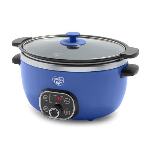 GreenLife 6QT Slow Cooker, Non-Toxic PFAS-Free Ceramic Nonstick Removable Interior Bowl, Programmable, Family Friendly, Keep Warm, Stovetop & Oven Safe, Dishwasher Safe Crock, Timer, Glass Lid, Blue