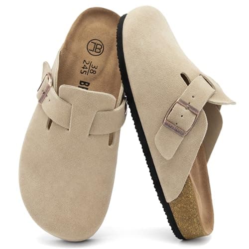 Brelzo Calvior Women's Suede Clogs Men's Slip-On Mules Non-Slip Potato Shoes Arch Support Sandals with Adjustable Buckle for Indoor & Outdoor Use Tan