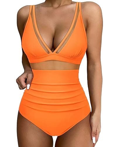 SUUKSESS Women Slimming Tummy Control One Piece Swimsuits Sexy Mesh High Waisted Monokini Bathing Suits (Orange, M)