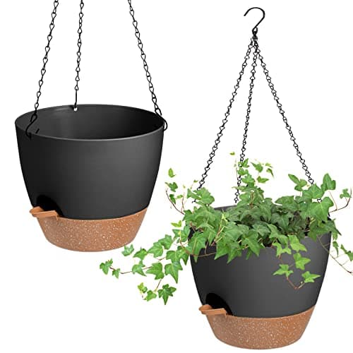 Vanslogreen Hanging Planters for Indoor Outdoor Plants, 2 Pack Self Watering Hanging Pot with Drainage Holes & Removable Tray (Black, 8'')