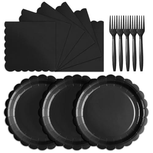 Best Black Paper Plates #6 from Tyzarglef Tyzarglef 105PCS Paper Plates and Napkins Set,7 Inch Scalloped Disposable Tableware with Forks for Birthdays, Garden Parties & Outdoor Events,Serves 35 (Black)