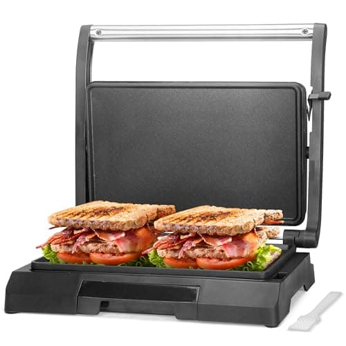 Baker's Friend Mini Panini Press Electric Griddle, 2 Slices of Panini Grill Press Sandwich Maker Press, Sandwichera Electrical for Pancakes & Eggs, Oil Tray, Non Stick Surfaces, Stainless Steel