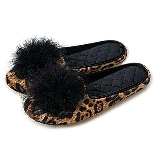 GRITHEIM Women's Fuzzy Pom Pom Feather Velvet House Slippers Sexy Cozy Bedroom Slippers for Ladies Non-slip Sole Indoor Outdoor (Leopard, Adult, Women, 7, Numeric Range, US Footwear Size System, 8, Medium)