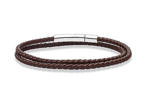 Miabella Genuine Italian Double Wrap Braided Leather Bracelet for Men Women, Stainless Steel Clasp, Made in Italy (Brown, Medium - 8" Length)