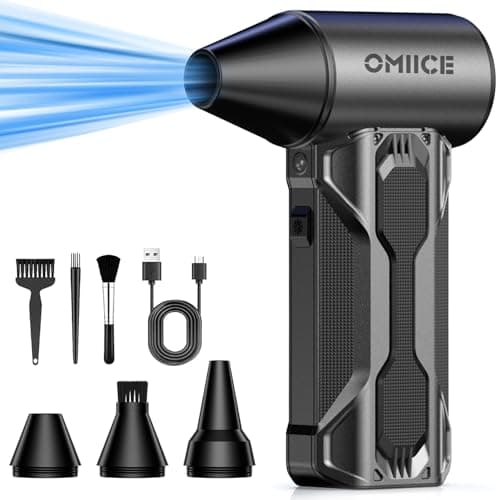 OMIICE Compressed Air Duster, 150000RPM Electric Air Duster with 3 Gear Speed Adjustable, Rechargeable Cordless Dust Cleaner with Brush/Lighting for Keyboard, PC, Car, Outdoor, Air Bed
