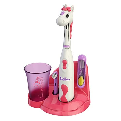 Brusheez Kids’ Electric Toothbrush Set - Safe & Effective for Ages 3+ - Parent Tested & Approved with Gentle Bristles, 2 Brush Heads, Rinse Cup, 2-Minute Timer, & Storage Base (Sparkle The Unicorn)