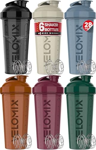 VELOMIX -6 PACK- Shaker Cups for Protein Shakes 28 oz - 6x Wire Whisk | Leak Proof Protein Shaker Bottle for Protein Shakes, Shaker Bottle Pack for Pre & Post Workout, Shaker Cup