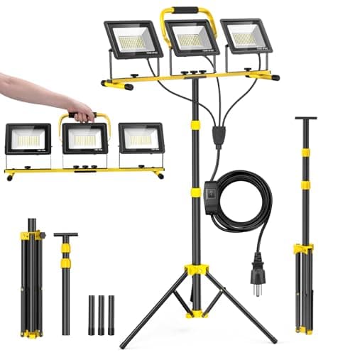 21000Lumen LED Work Lights with Stand - 3 Head Portable Work Light with 16FT Cord - IP66 Waterproof Tripod Worklights for Outdoor Indoor Job Site Workshop Garage Construction Site Lighting(3 Head)