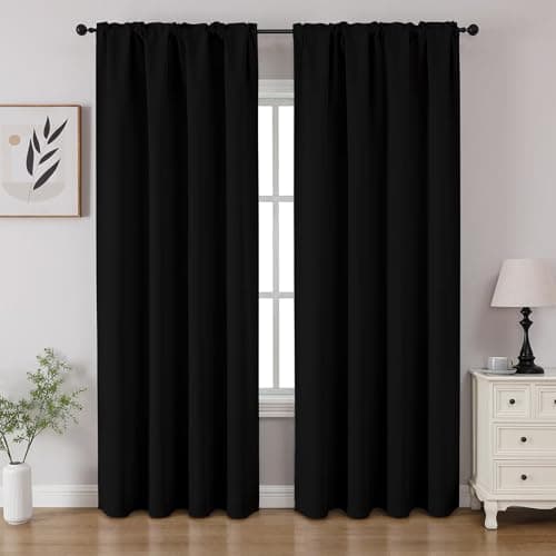 CUCRAF Black Blackout Curtains 84 inch Length 2 Panels Set, Rod Pocket Room Darkening Drapes for Bedroom Living Room, Insulated Thermal Light Blocking Window Curtain (W52 x L84 Inch)