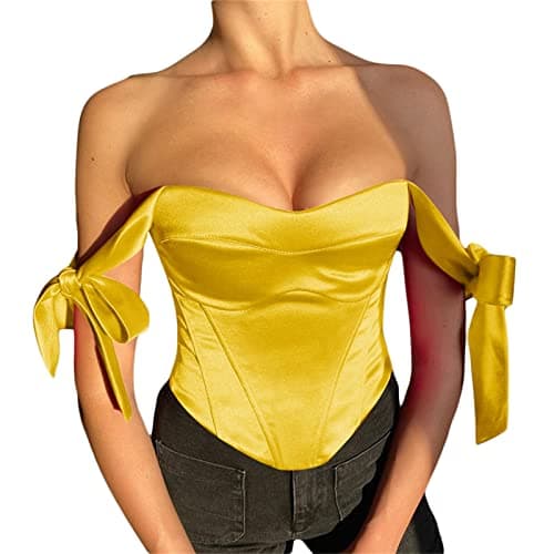 SOLILOQUY Women Y2k Satin Corset Top Fairy Grunge Tie Strap Off Shoulder Low Cut Bustier Crop Tank Top Halloween Costumes (Yellow, M)