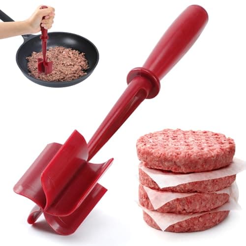 CUNSENR Premium Meat Chopper - 5 Curve Blade Ground Beef Smasher Tool - Heat-Resistant Nylon Meat Masher for Ground Beef, Hamburger, Potatoes - Non-Stick Ground Meat Chopper for Easy Mixing - Red