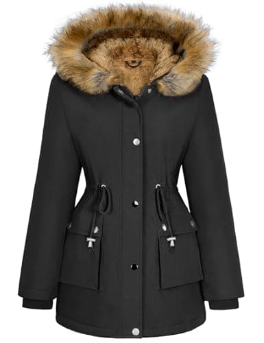 HEEKPEK Women Winter Coats Fleece Lined Parka Jackets Hooded Warm Thicken Coat With Pockets and Fur Hood Trendy Overcoat (Black,L)