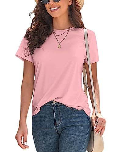 KevaMolly Basic Pink T Shirts for Women UPF 50+ Short Sleeve Casual Solid Summer Tops Trendy Solid Loose Fit Tshirt M