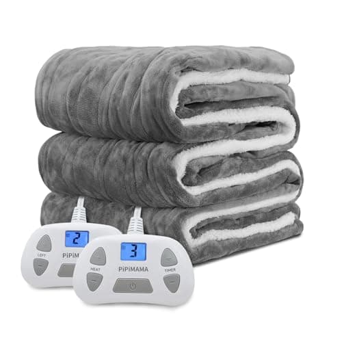 PiPiMAMA Heated Blanket King Size Dual Control 100"x 90" Flannel & Sherpa Electric Blanket King with 10 Heating Levels,12 Hours Auto Shut-Off，Machine Washable (Gray)