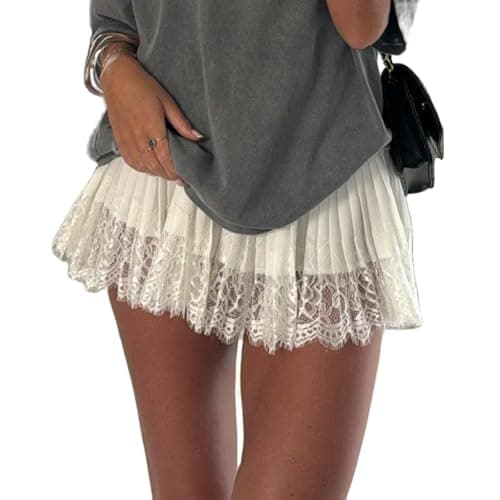Women Lace Slip Skirt Ruffle Pleated Layered Y2k Flowy Skort with Built in Shorts White M