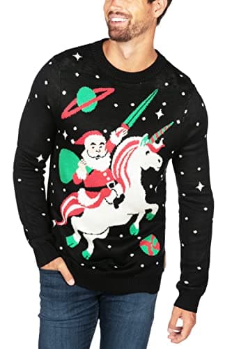 Tipsy Elves Ugly Christmas Sweaters for Men - Colorful and Funny Men's Christmas Sweaters - Festive Holiday Pullovers - Men's Hilarious Black Santa Unicorn Christmas Ugly Sweater Size X-Large