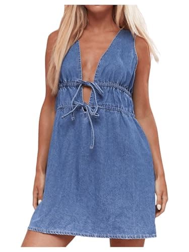 SHENHE Women's Deep V Neck Tie Bow Sleeveless Denim Mini Dress Summer Casual Jean Tank Dresses Blue Small