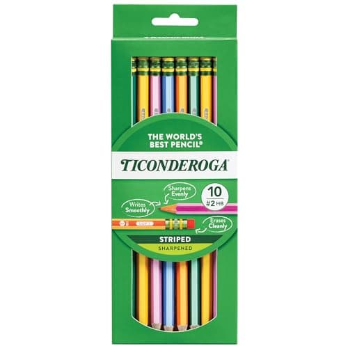 Ticonderoga X13910 Striped Wood-Cased Pencils, 2 HB Soft, Pre-Sharpened, 10 Count, Assorted Colors