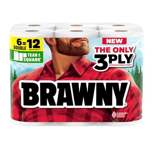Brawny Tear-A-Square 3-Ply Paper Towels, 6 Double Rolls = 12 Regular Rolls, Strong, Absorbent, and Durable with 3 Sheet Sizes (Quarter, Half, Full)