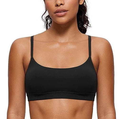 CRZ YOGA Womens Butterluxe Adjustable Spaghetti Strap Sports Bra - Scoop Neck Wireless Padded Bra Yoga Workout Crop Top Black Medium