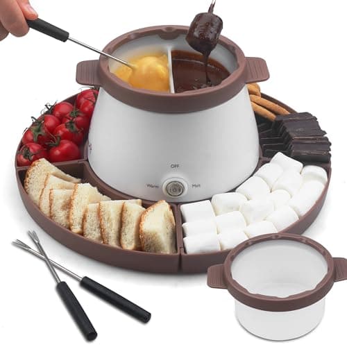 Party Desserts Electric Fondue Pot Set with 2 Pots, Candy & Chocolate Melting Pot, Melting Chocolate Warmer for Dipping, Fondue Pot Electric Set, Fondue Forks Included, 2.5 Cups, Brown