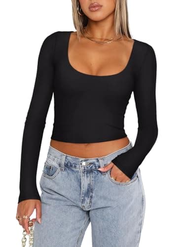 REORIA Women's Scoop Neck Long Sleeve Crop Tops Double Lined Going Out Y2K Trendy Fitted Navel Tees Black Small